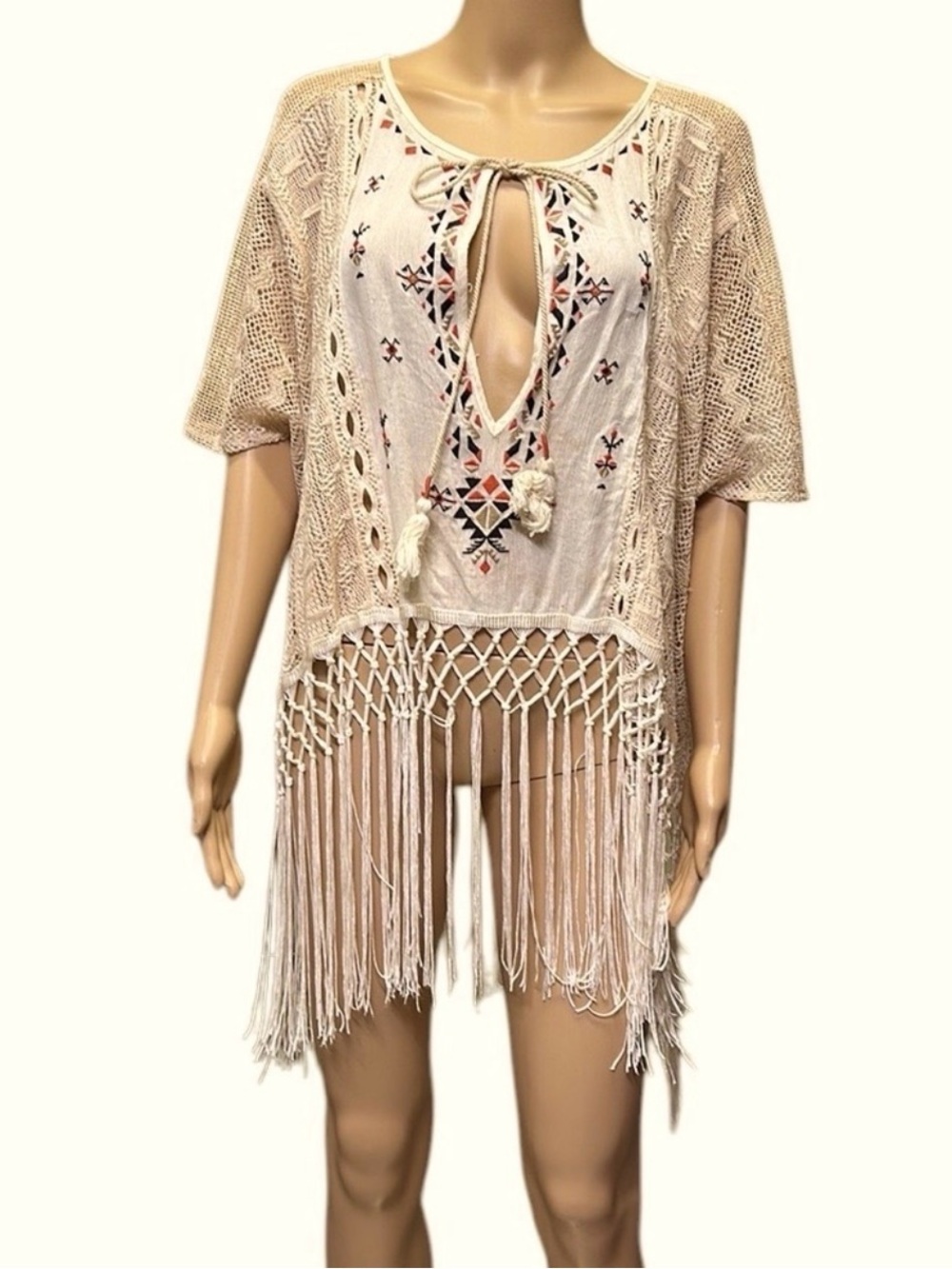 Miss Me Cream Embroidered Crochet Fringe Tunic